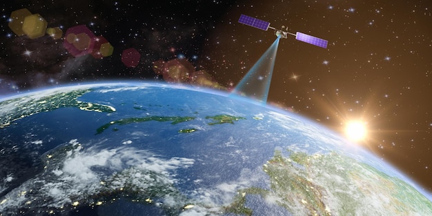 Foto il satellite trasmette un segnale alla terra sullo sfondo del sole. rappresentazione 3d. elementi di questa immagine fornita dalla nasa.