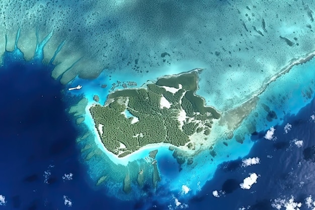 A satellite view of a coral island in the ocean