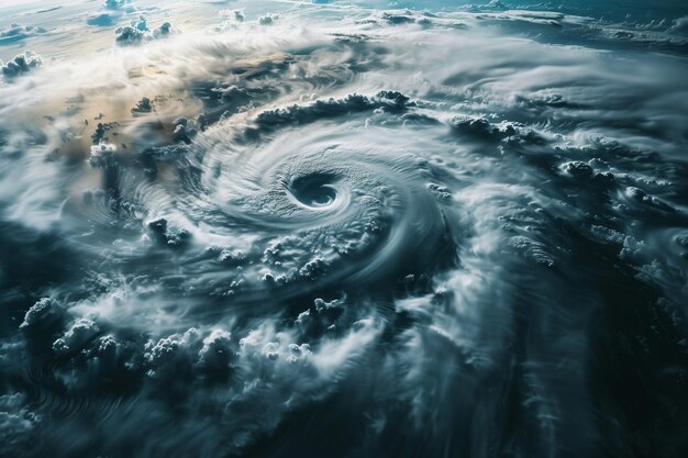Photo satellite view of powerful hurricane swirling clouds and chaos in ocean focus on stormy scene with large eye