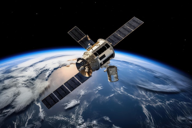 Satellite with view of earth below spinning and orbiting in space