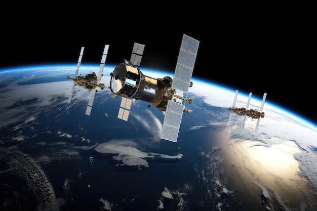 Satellites in orbit with view of the earth and its atmosphere visible