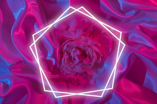 Photo satin fabric with peony in neon light with light frame for your text. creative colorful background