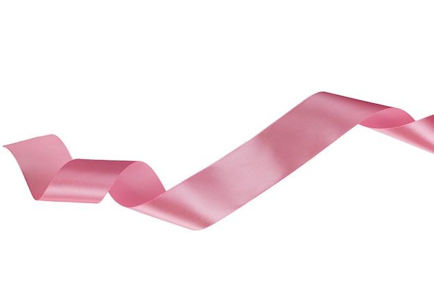 satin pink ribbon, twisted on a table, isolated on a white background