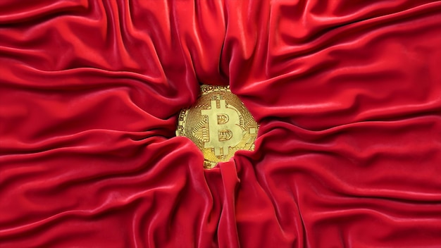 Satin red fabric crinkles around the gold bitcoin Cryptocurrency concept Silk Creases in fabric Drapery