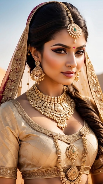 Photo satin sheen splendor alluring portrait of an indian bride adorned in satin sheen gold lehenga and exquisite bridal jewelry generative ai