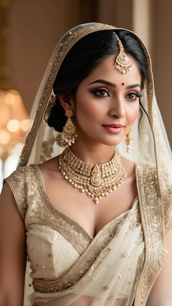 Satin Sheen Splendor Verleidelijk portret van een Indiase bruid versierd met satin Sheen Gold Lehenga en prachtige bruidsjuwelen generatieve ai