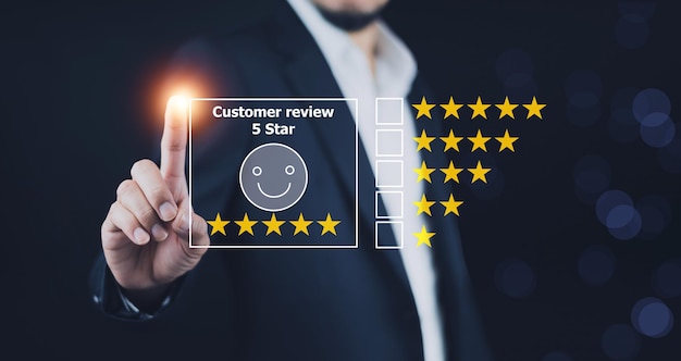 Satisfaction guaranteed concept Customer reviews good rating ideas customer reviews by fivestar Suggestions positive feedback from customers