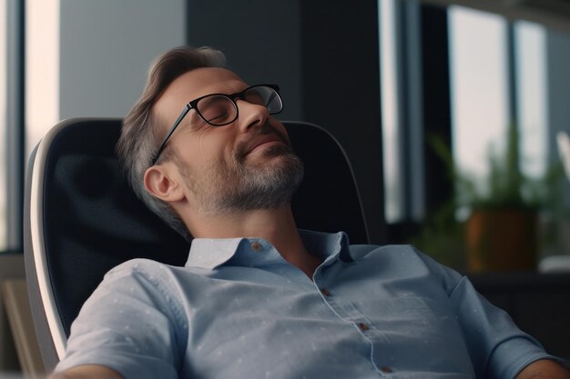 Photo satisfied businessman resting in his office after productive workday generative ai