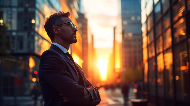 Photo satisfied businessman stands among tall skyscrapers during sunset portrait of a young businessman concept of dreaming about new investment opportunities