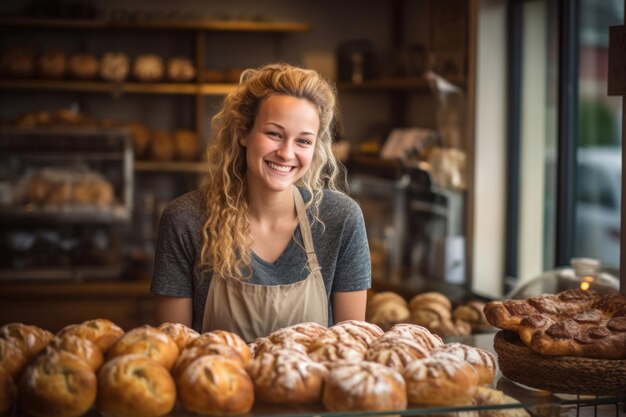 A satisfied and cheerful woman behind the bakery counter showcases her delightful pastries and bread