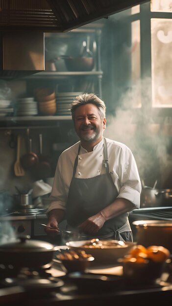 Satisfied Chef in Elegant Restaurant Kitchen