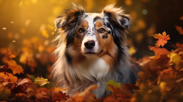 Satisfied dog in autumn leaves