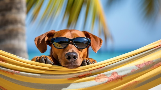 ヤシの木の間のビーチのハンモックで休む満足した犬