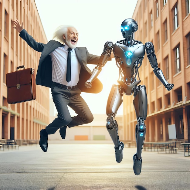 Foto un insegnante anziano soddisfatto in abito salta felicemente vicino all'università con un robot