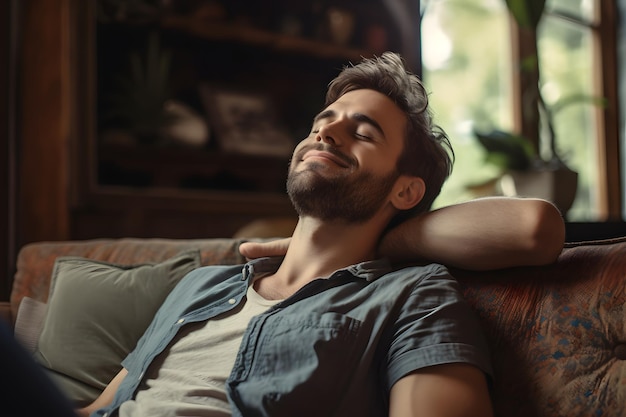 Satisfied handsome young man relaxing on sofa at home in living room resting after a hard day work