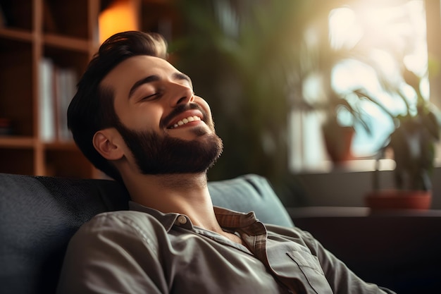 Satisfied handsome young man relaxing on sofa at home in living room resting after a hard day work