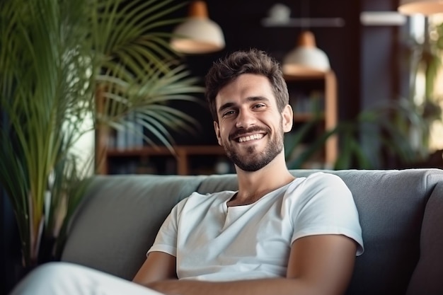 Satisfied handsome young man relaxing on the sofa at home Smiling men enjoying day off lying