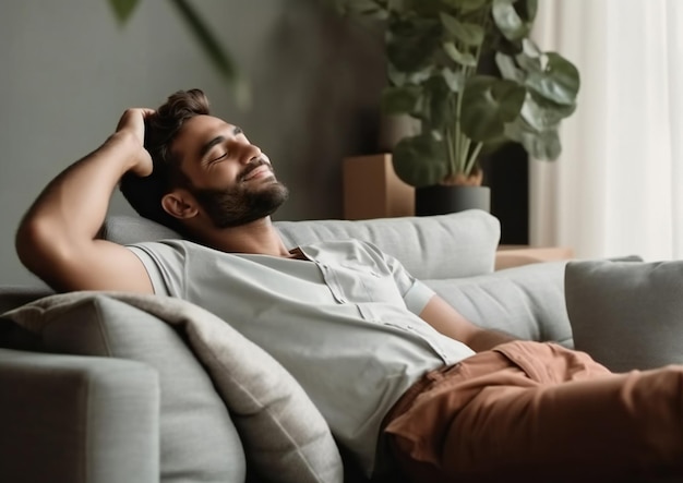 Photo satisfied handsome young man relaxing on sofa at home on the sofa