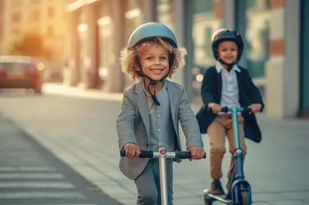 Satisfied happy kids in helmets ride scooters