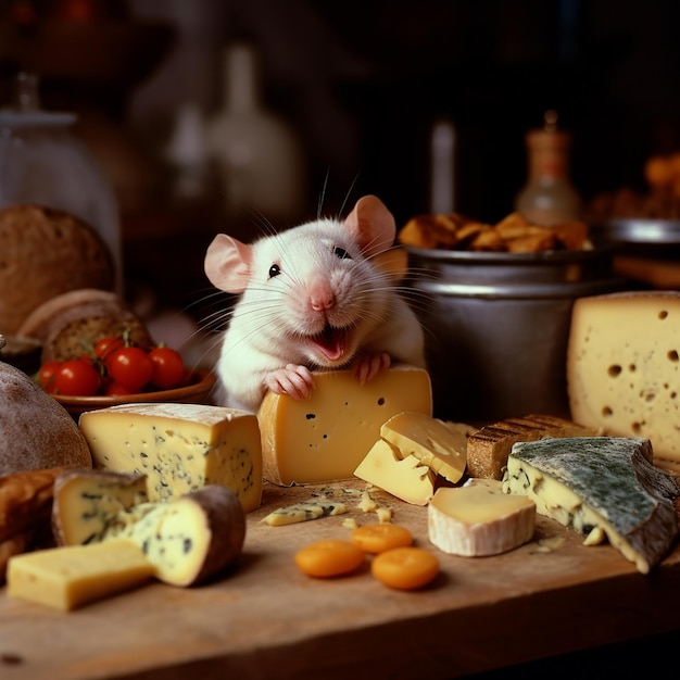 Premium AI Image Satisfied happy mouse next to table with different
