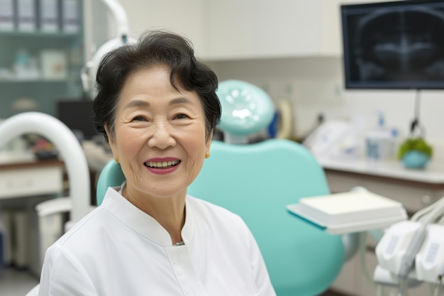 Photo satisfied korenian senior woman at dentists office looking at camera