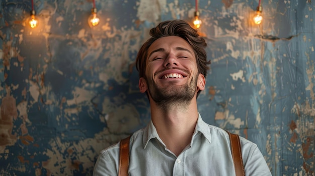 Photo a satisfied man against the wall against a background of glowing light bulbs
