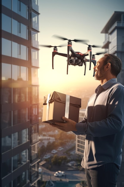 A satisfied man received a package with an order using a delivery drone