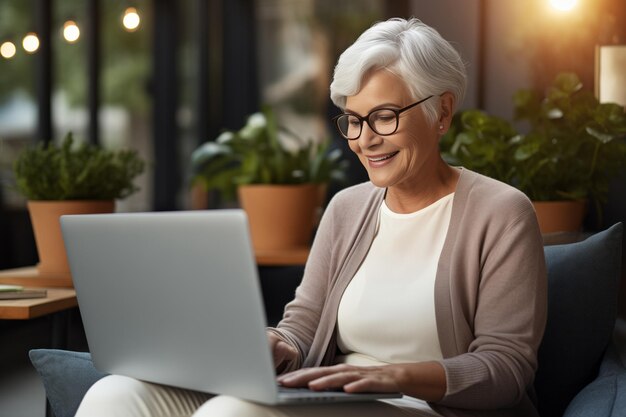 Satisfied mature woman using laptop sitting in cafe looking at screen chatting