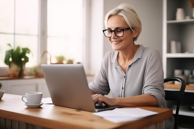 Satisfied mature woman using laptop sitting at home looking at screen chatting or shopping online