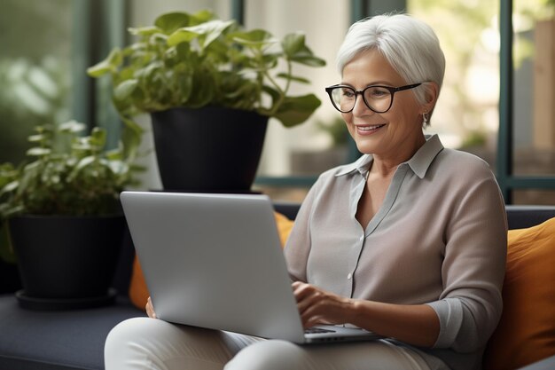 Satisfied mature woman using laptop sitting at home looking at screen