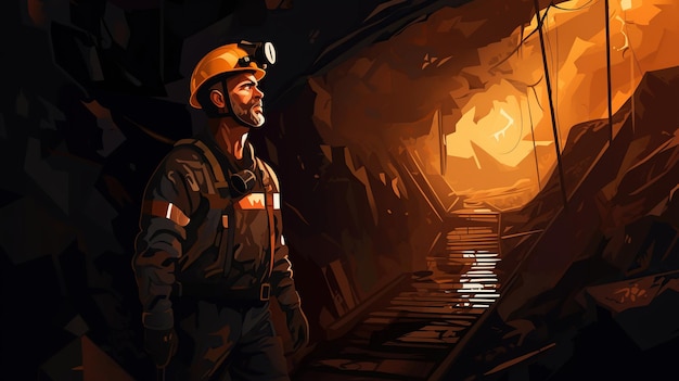 Photo a satisfied miner in a helmet stands in a coal mine near a pile of extracted coal