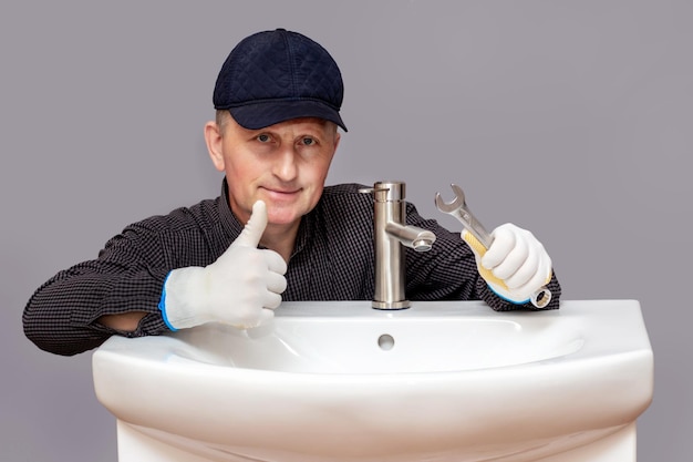 Satisfied with the work the plumber near the sink with the installed faucet shows the ok sign with his hand