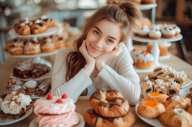 Фото Удовлетворенная женщина перед столом, полным тарелок сладостей.