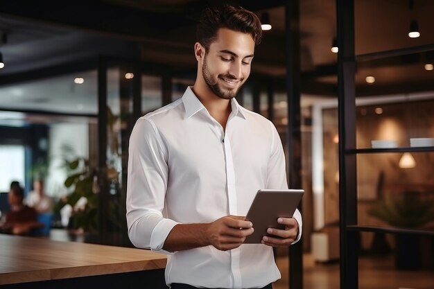 A satisfied young cargo man in a coworking space uses a tablet smiles and received a positive