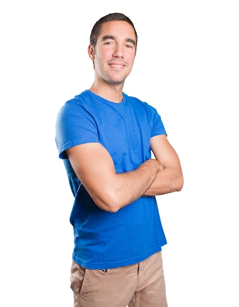 Satisfied young man against white background