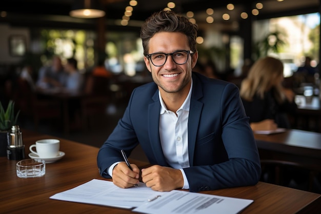 Satisfied young man with glasses sitting at a desk and doing paperwork at his workplace