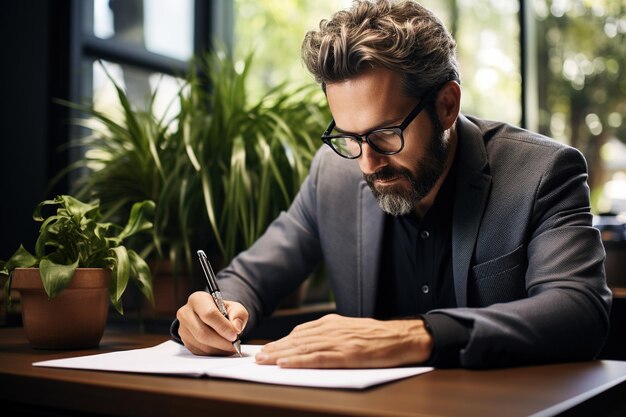 Satisfied young man with glasses sitting at a desk and doing paperwork at his workplace