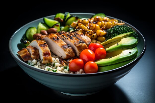 Satisfying Buddha Bowl Packed with Grilled Chicken Rice and Fresh Ingredients