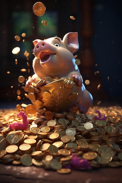 The satisfying clink of golden coins dropping into the piggy bank Generative AI technologyThe satisfying clink of golden coins dropping into the piggy bank Generative AI technology