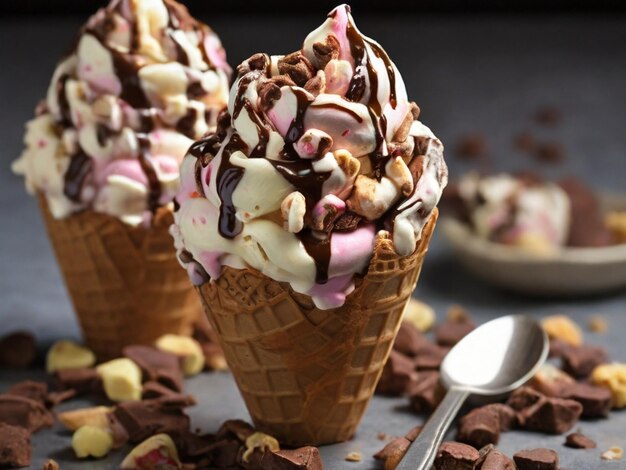 Photo satisfying rocky road ice cream scoops in cone