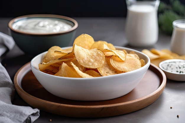 Satisfying snack of crunchy potato chips paired with smooth dip