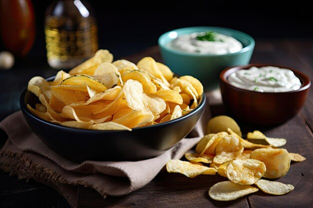 Satisfying snack of crunchy potato chips paired with smooth dip