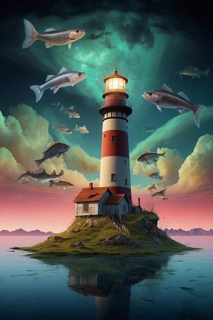 Saturated floating lands linked by an old lighthouse filled with cloud fish and auroras representat