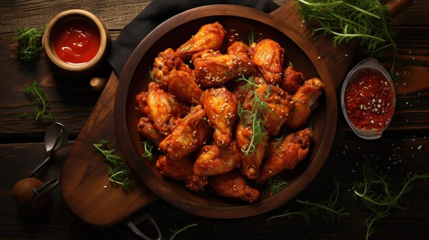 Sauce herbs and a bowl of fried chicken pieces on a wooden table