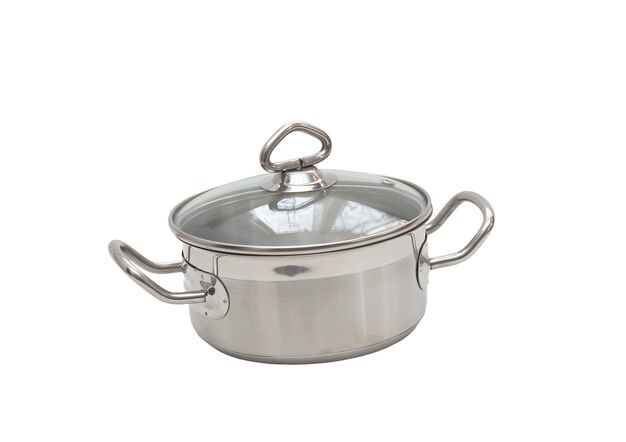 Photo saucepan, made of stainless steel with  handle,cover, on white background. isolated