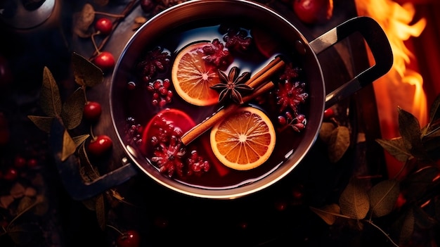 Photo saucepan with hot mulled wine on tableaigenerative ai