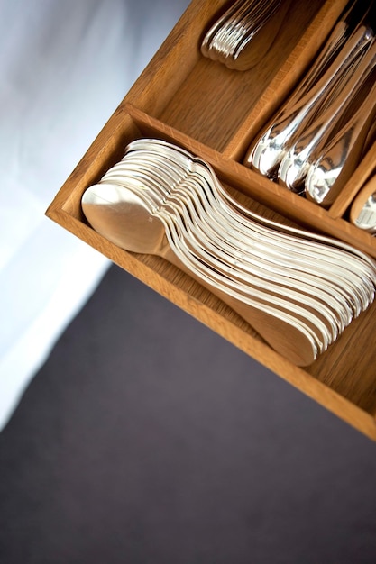 Photo saucer spoons in a drawer