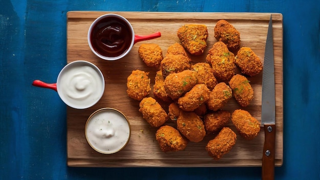 Sauces near cutting board with nuggets