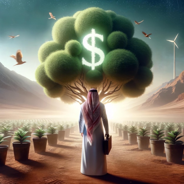 Foto un uomo saudita guarda al suo futuro finanziario