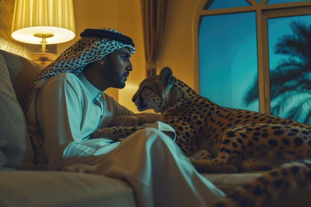 Saudi arab man with her leopard pet